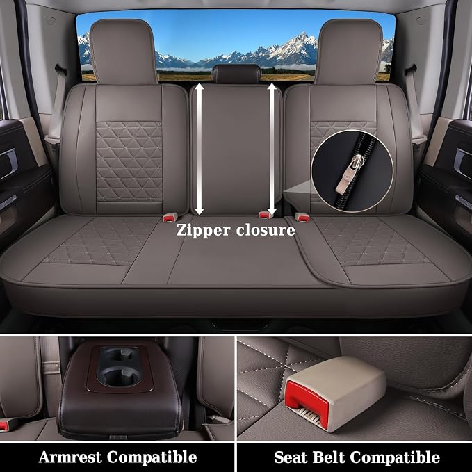 Coverado Leather Car Seat Covers, Waterproof Dooge Ram 1500 Seat Covers Compatible with 2002-2026 Dodge Ram 1500 2500 3500 with Flat Bench (Full Set, Coffee)