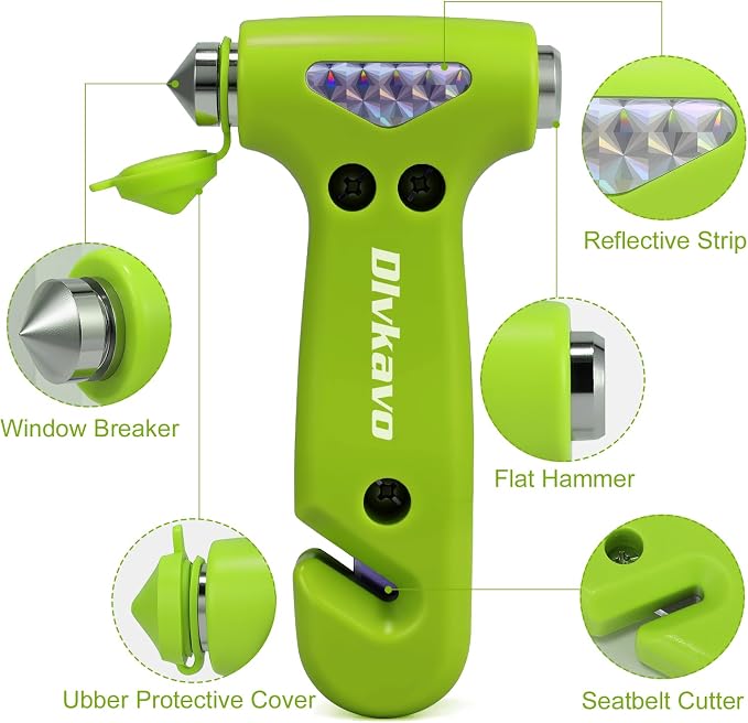 Window Breaker, 3-in-1 Emergency Escape Tool with Car Safety Hammer and Seat Belt Cutter, Safety Emergency Car Tool for Car, Office, Home, Green