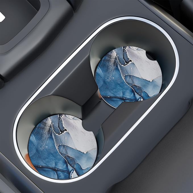 Car Cup Holder Coaster, Car Coasters for Cup Holders, 2 Pack Universal Anti Slip Insert Absorbent Ceramic Auto Interior Accessories with A Finger Notch & Cork Base, Blue Marble