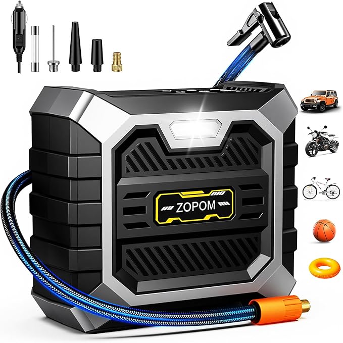 ZOPOM Tire Inflator Portable Air Compressor, 12V DC Car Air Pump with Auto Shut-Off & Digital Pressure Gauge, 100 PSI Corded Inflator for Car, Motorcycle, Bicycle & Sports Balls, LED Light