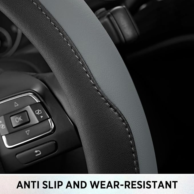 Road Comforts Steering Wheel Cover, Breathable Anti-Slip Leather Steering Wheel Cover, Universal Fit 14.5–15 Inch, Comfortable Grip - Gray Color
