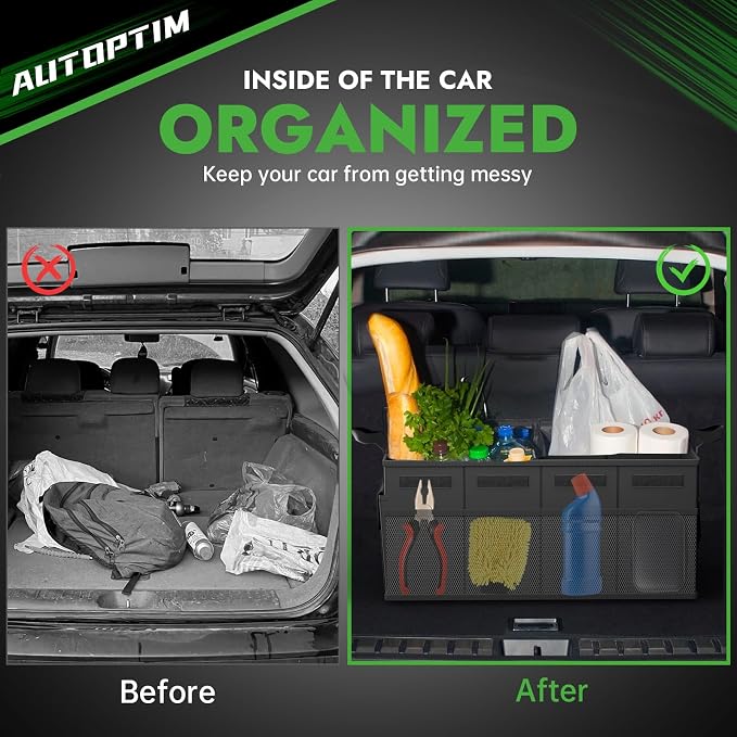 AUTOPTIM Car Trunk Organizer - Collapsible Car Organizer with Non Slip Bottom & Multiple Pockets for Groceries, Trunk Storage with Base Panel for SUV Sedan Van, 2 Compartments (Black, Medium, 2 Pack)