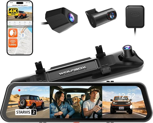 WOLFBOX G900 Tripro Cabin-N 3 Channel 4K Mirror Dash Cam,8MP STARVIS IMX678 | 12'' 4K+1080P+2.5K Front Inside Rear View Mirror Camera,Night Vision,5.8GHz WiFi,Voice Control,GPS,Car Truck SUV,No SD Card