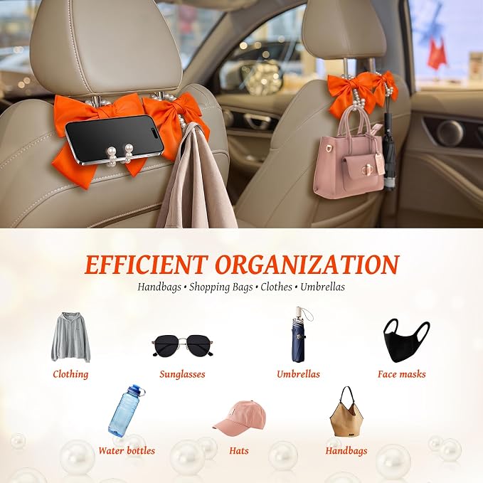 2 PCS Bow Pearl Car Seat Headrest Hook – Cute Purse Hook for Car, Girly Interior Decoration Accessories Hook Hanger, Seatback Holder for Purses & Bags, Elegant Car Organizer (Orange)