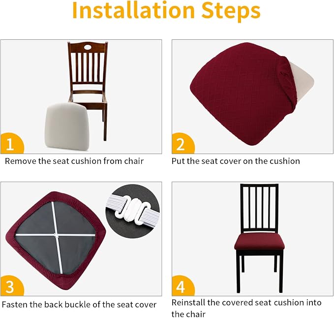 Fuloon Waterproof Seat Cushion Covers 6 PCS, Stretch Jacquard Chair Seat Covers Washable Dining Room Chair Slipcovers Removable Kitchen Cushion Protector (6, Waterproof-Wine Red)