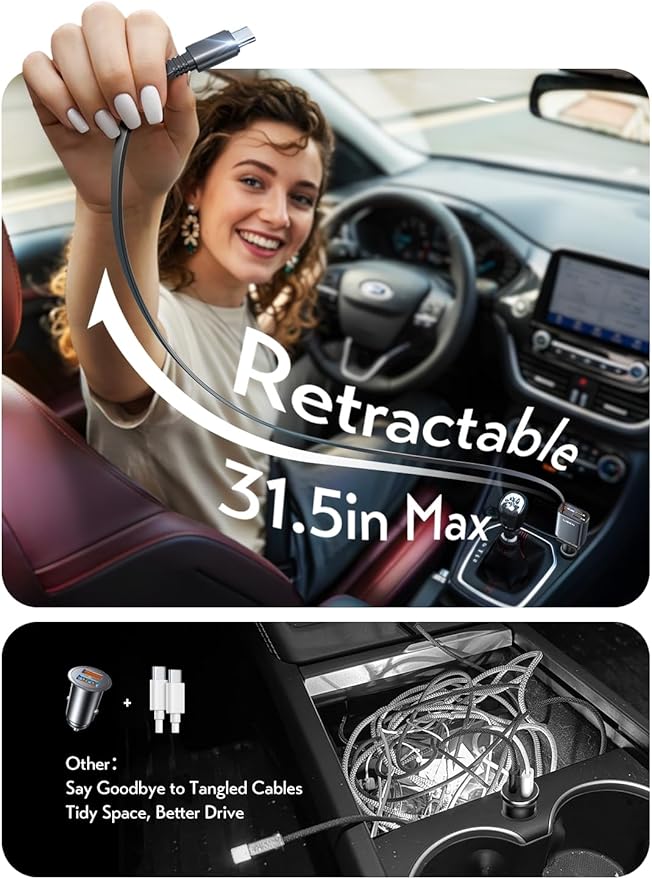 LISEN Retractable Car Charger USB C, [Upgraded 72W Max] | Car Accessories，Gifts for Men Women Him Her Car Charger for iPhone/Android Truck RV Electronics