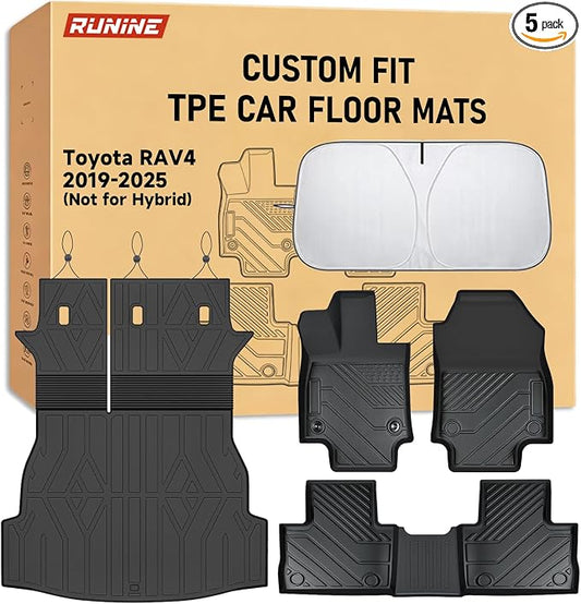 Floor Mats for Toyota RAV4 2019-2023 2024 2025 (Not for Hybrid), All Weather Protection Custom Floor Mats Trunk Cargo and Car Windshield Cover Set for Car Accessories,Car Floor Liners Set