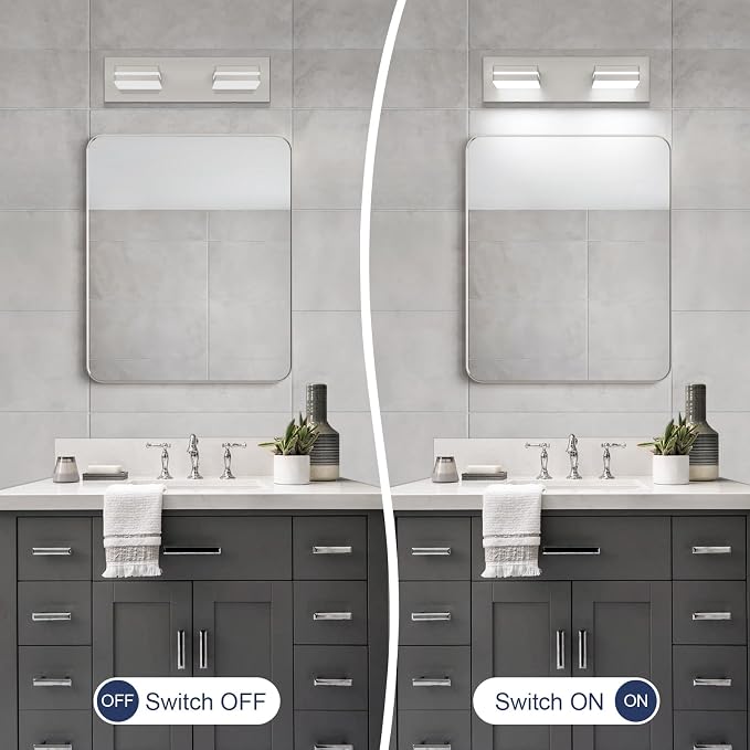 SineRise LED Modern Bathroom Vanity Light Fixtures (2-Light, 15.5-Inch, Dimmable), Brushed Nickel Modern Acrylic Bathroom Wall Lighting Fixtures Over Mirror (Cool White 6000K)