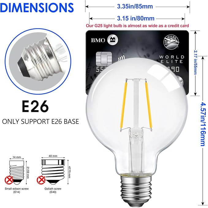 E ENERGETIC LIGHTING Dimmable LED Edison Light Bulb, G25 (G80) Globe Bulb, 60W Equivalent, 3000K Warm White, Christmas Light, E26 Standard Base, ETL Listed, 6-Pack