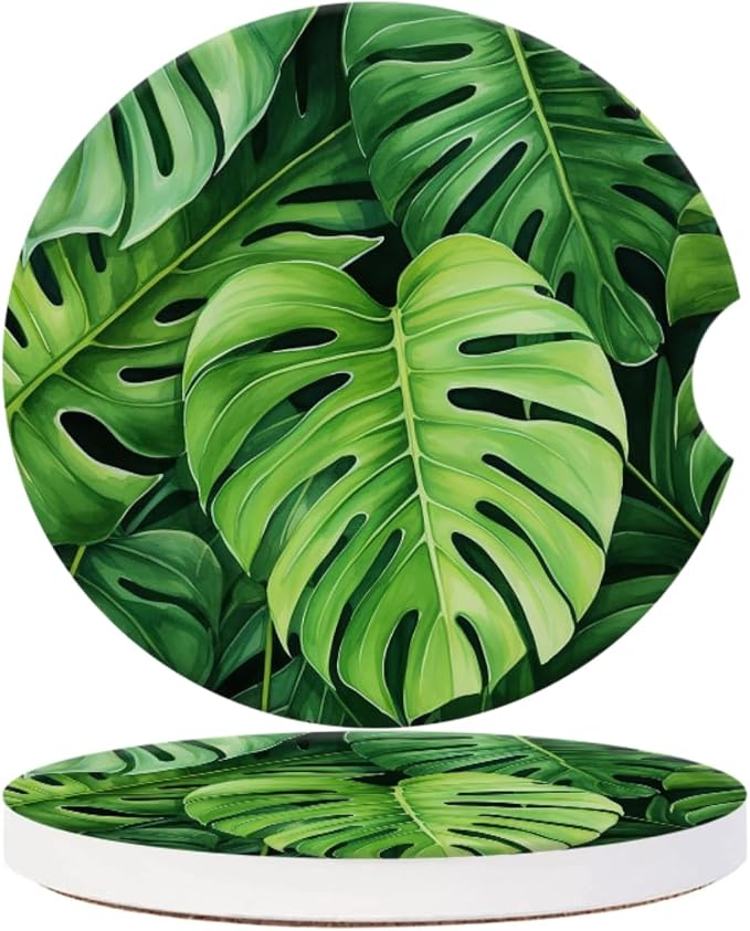 Cup Holder for Car,Tropical Leaf Pattern Ceramic Coasters Non-Slip Cup Holder Insert with Fingertip Grip, Auto Interior Accessories for Women & Men,Pack of 2, 2.56In