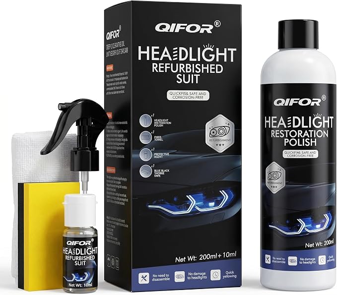 QIFOR Automotive Headlight Restoration Kit - Restore Oxidized Yellowed Headlamps with Enhanced Crystalline Coating Refurbisher - Improve Night Visibility, Anti-UV & Anti-Yellowing