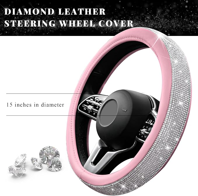 Diamond Leather Steering Wheel Cover, 15 Inch Bling Crystal Rhinestone Anti-Slip Wheel Protector, Universal Sparkling Elegant Diamond Steering Wheels Cover for Women Girl (White&Pink)
