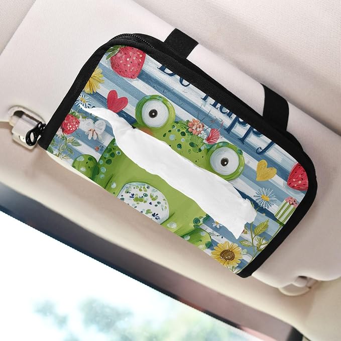 Happy Blue Striped Frog Floral Strawberry Car Tissue Holder Durable Napkin Holder Hanging Tissue Holders Case Car Tissues Bag for Sun Visor Seat Back Universal Auto