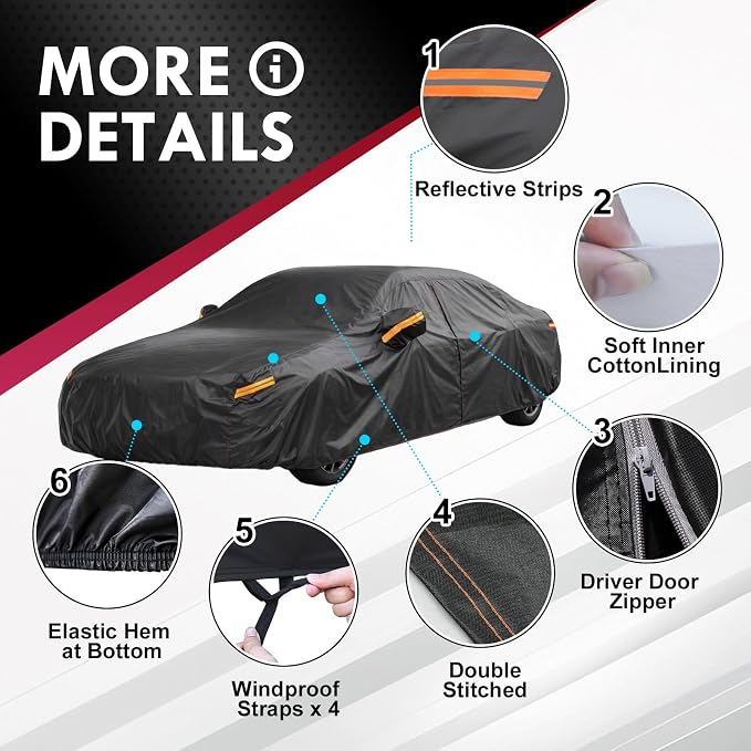 Compact Sedan Car Cover, 6 Layers Full Exterior Covers Universal Fit for VW Jetta, Nissan Sentra, Hyundai Elantra, Toyota Corolla, Honda Civic, Ford Focus Sedan, Length 185 inchs