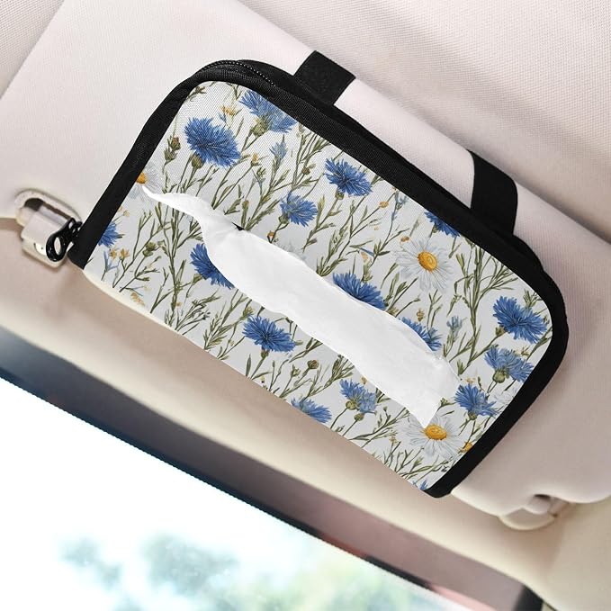 Car Tissue Holder Car Napkin Holder Tissue Box Dispenser Storage Case Sun Visor Mask Holder with Adjustable Straps Reusable Refillable Blue and White Daisy03