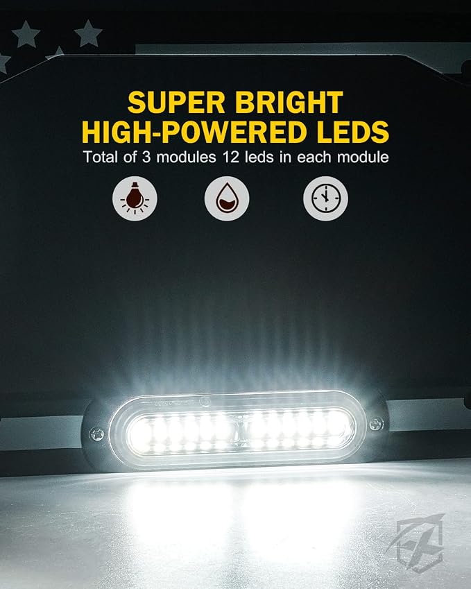 Xprite 36 LED License Plate Strobe Light, US Flag Front/Rear Utility Lights, 22 Modes Caution Frame for Construction Towing Snow Plow Pickup Work Trucks Cars - White (w/Pre-Installed 9FT Cable)
