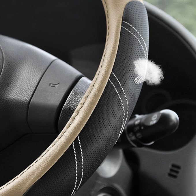 Elantrip Sport Leather Steering Wheel Cover 14 1/2 inch to 15 inch Universal, Padded Soft Grip Breathable for Car Truck SUV Jeep, Anti Slip Odorless Black and Beige