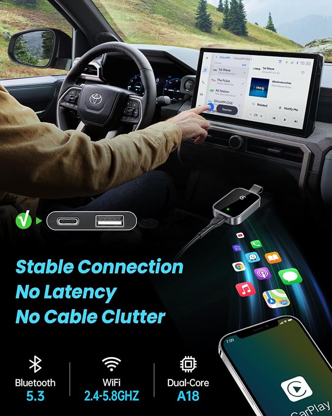 High Tech Wireless CarPlay Adapter for Apple-Super Mini Edition | Easy to Upgrade Wired Car Play to Wireless | Latency-Free in-Dash Navigation GPS Dongle for iPhone iOS 10+(Silver Black)