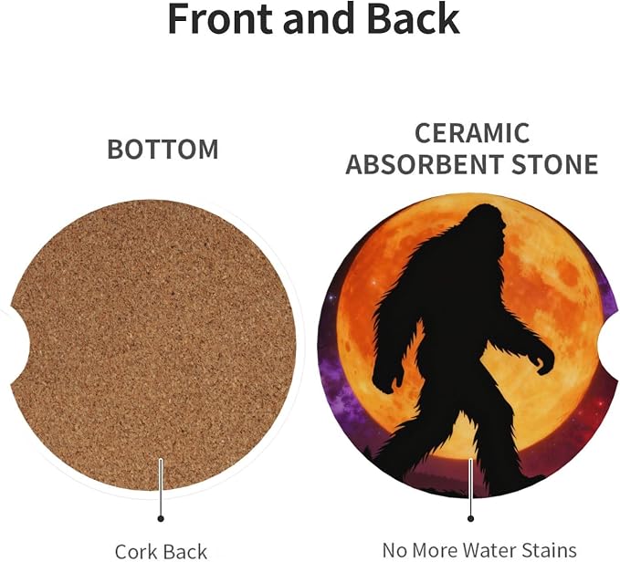 Bigfoot Moon Starry Sky Forest 2 Pack Car Cup Holder Coasters Absorbent Ceramic Drink Coasters 2.56" Anti Slip Cup Mat with Cork Base and Finger Notch Auto Accessories Interior for Women Men