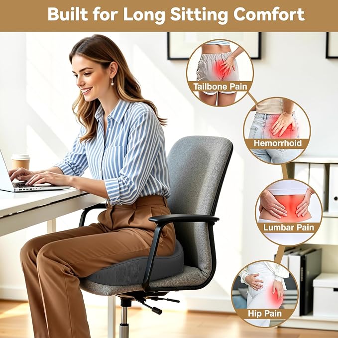 TushGuard Ergonomic Seat Cushion with Coccyx Cutout - 4-Zone Structure Office Chair Cushions for Tailbone Pressure Relief, Non-Slip Chair Pad with Washable Cover for Car, Office, Wheelchair, Grey