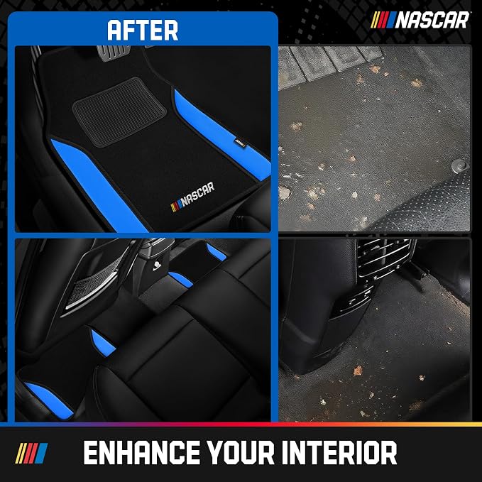 NASCAR Car Floor Mats, Carpet & Blue Leather Design Car Mats, Universal-Fit All-Weather Car Floor Mats with Built-in Heel Pad & Anti-Slip Backing, Durable Odorless Automotive Interior Accessories