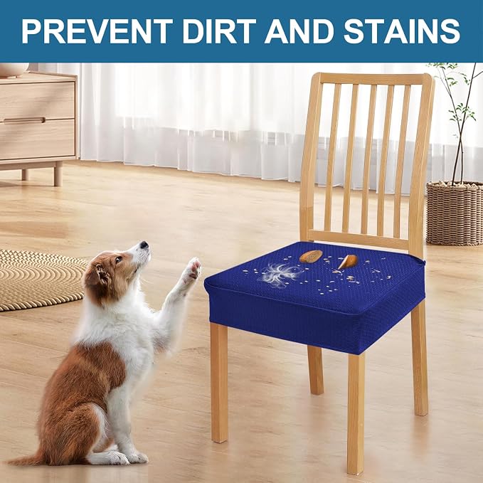 Smiry Waterproof Seat Covers for Dining Room Chairs Set of 4, Stretch Jacquard Removable Washable Chair Seat Slipcovers Protector, No Rear Covers, Royal Blue