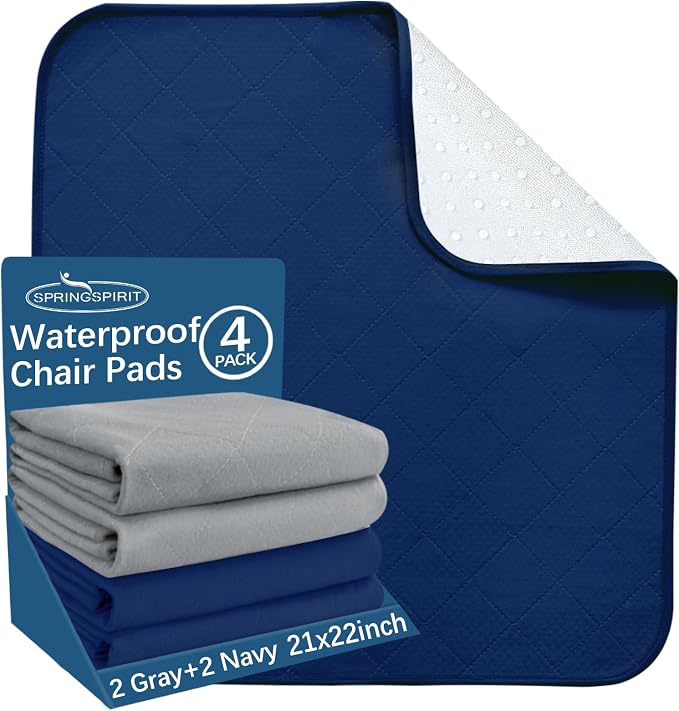 Waterproof Chair Pads for Incontinence Washable 22'' x 21'', 4 Pack Absorbent Seat Protector Underpads for Adults, Elderly, Kids, Toddler and Pets, Grey and Navy