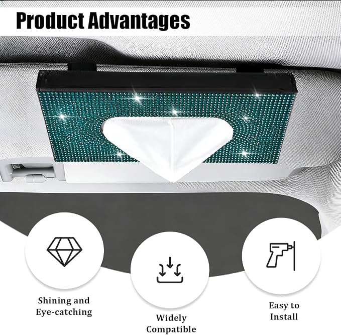 Bling Car Visor Tissue Holder, Shiny Rhinestone Leather Sun Visor Napkin Mask Case Holder Clip, Diamond AUT Paper Tissue Towel Box Dispenser, Universal Fit (Black/Green)