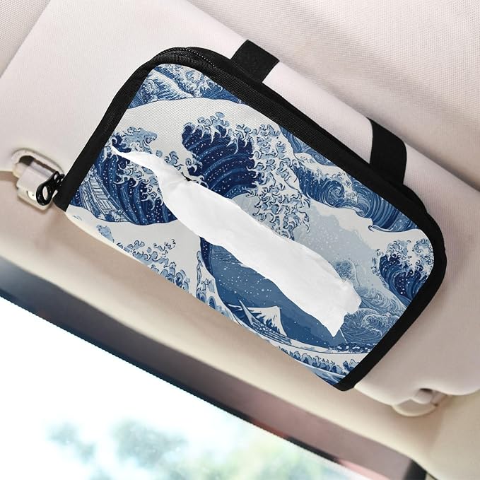 Car Tissue Holder Car Napkin Holder Tissue Box Dispenser Storage Case Sun Visor Mask Holder Accessories with Adjustable Straps Reusable Refillable Deep Blue Wave Pattern Snow Mountain
