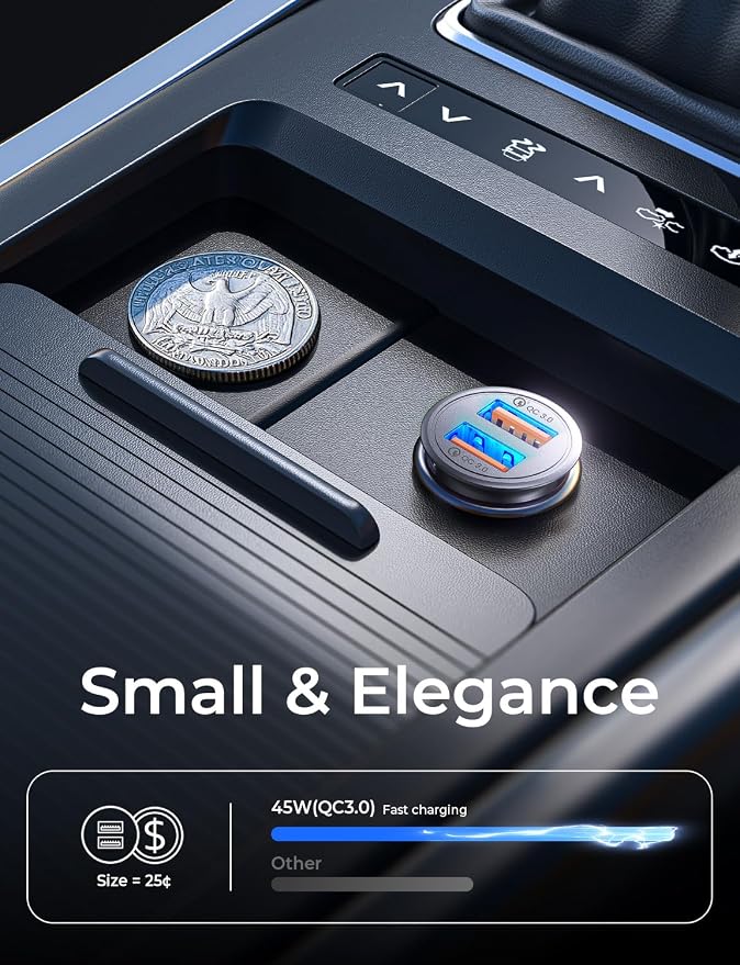AINOPE QC 3.0 USB Car Charger, Cigarette Lighter USB Charger, Fast Car Charger for Android, [Mini & Aluminum Alloy] 12V Cigarette Lighter Adapter for iPhone 17 16 15 14 13 12 11 Pro Max X