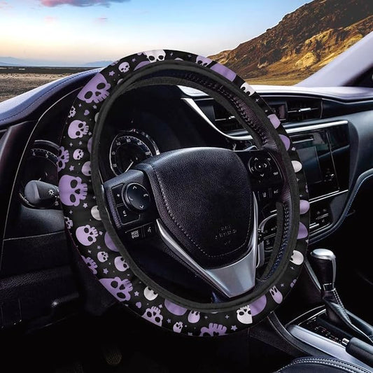 Wanyint Car Steering Wheel Cover for Women Men, Soft Neoprene Stretch Anti-Slip 15 Inch Steering Wheel Protector Universal Halloween Auto Decor, Purple Skull Print
