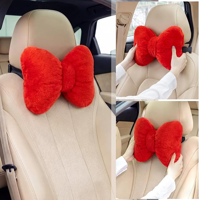 Macarrie 2 Pcs Red Car Neck Pillow Imitation Rabbit Fur Bow Pillow | Soft Comfortable Seat Headrest Support, Cute Bow Car Accessories, Driving Travel Driver Chair Girl Interior Decor, Solid