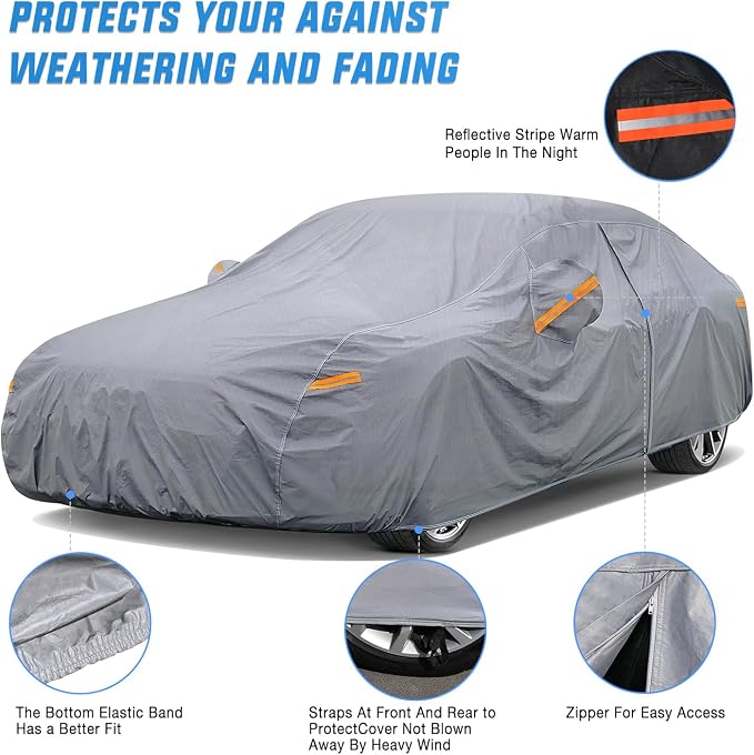 Nilight Car Cover Waterproof All Weather for Automobiles, Heavy Duty Outdoor Full Cover Rain Sun UV Protection with Zipper Cotton, Extra Thick Car Covers,Universal Fit for Sedan-Length (178" to 185")