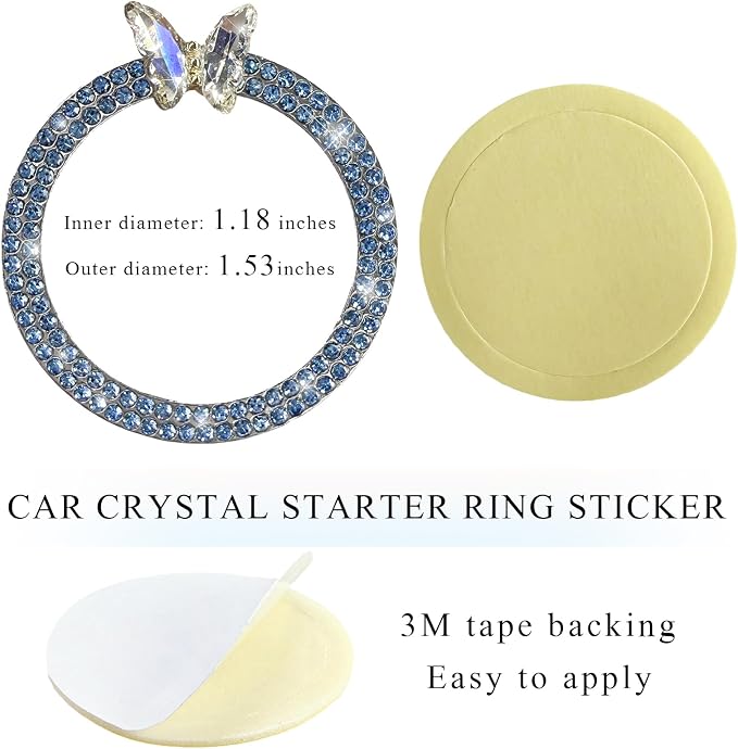 DXNQ 2PCS Bling Ring Emblem, Sparkling Butterfly Car Buttons and Knobs Ring, Girly Butterfly Diamond Car Engine Start Button Cover, Key Ignition Knob Rings Decoration for Women (Blue, Double Row)