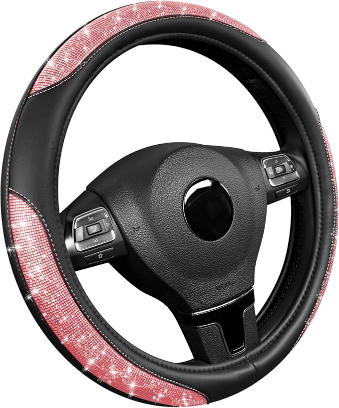 Road Comforts Pixel Glitter Steering Wheel Cover, 14.5–15 Inch Leather Steering Wheels Snug Fit, Anti-Slip Leather Grip, Elegant Sparkle Design, Universal Fit - Pink