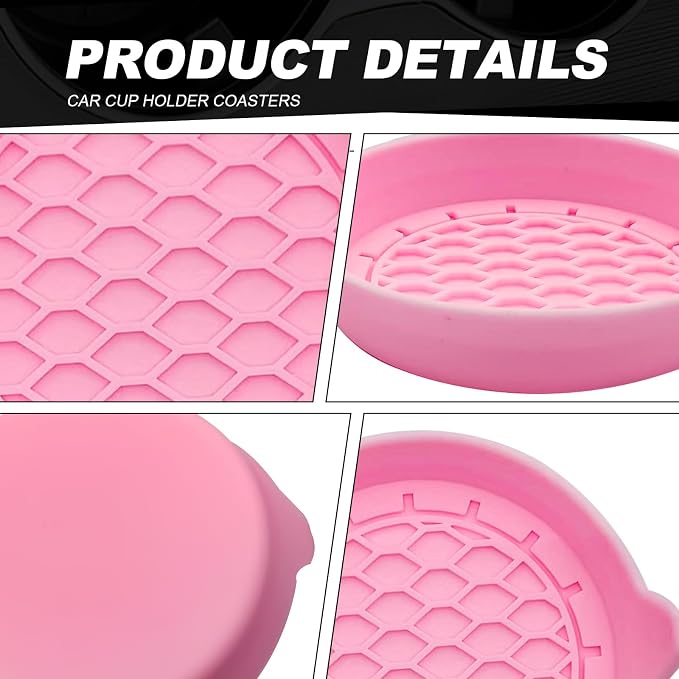 4-Pack Universal Cup Holder Coasters, Black Silicone Inserts - Keep Your Car Clean with Non-Slip & Spill-Proof Coasters for All Vehicles (Pink)