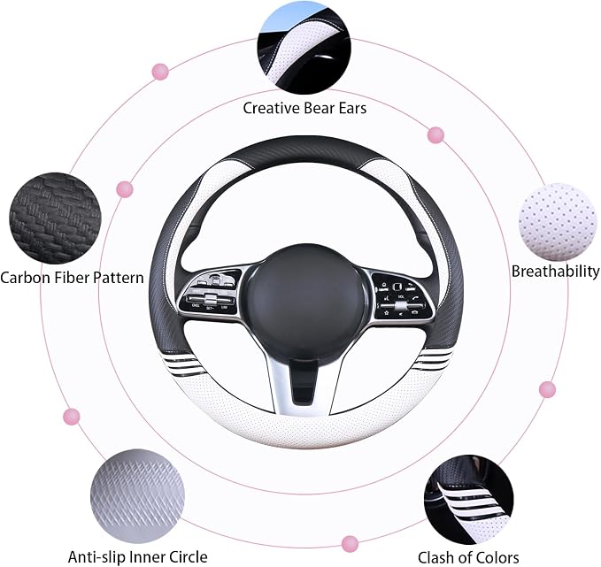 15 inch Cute Leather Steering Wheel Cover Black and White | Breathable Non-Slip Faux Leather and Carbon Fiber Car Accessories for Women Men Universal 14.5 inch to 15 inch