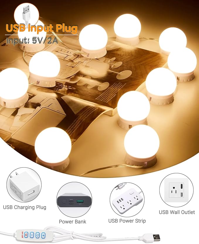 LED Vanity Mirror Lights,Hollywood Style 14 Dimmable Bulbs Stick On for Makeup Dressing Lighting,Adjustable Color Temp & Brightness,USB Cable