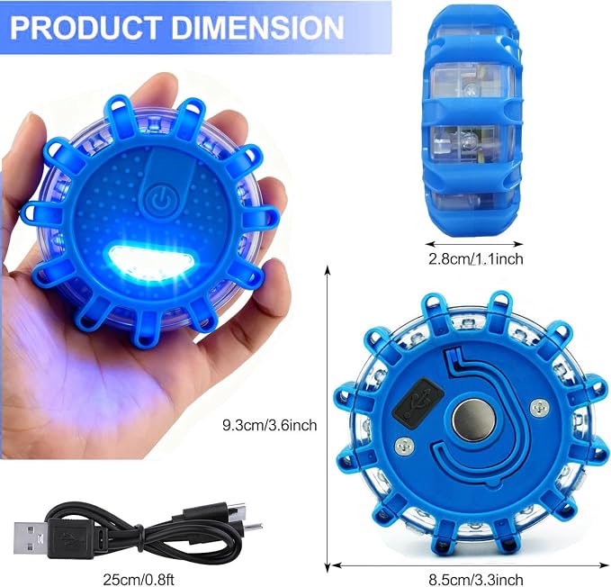 USB-C Rechargeable Blue LED Road Flare 6 Pack,9 Flash Modes Magnetic Waterproof Emergency Warning Light