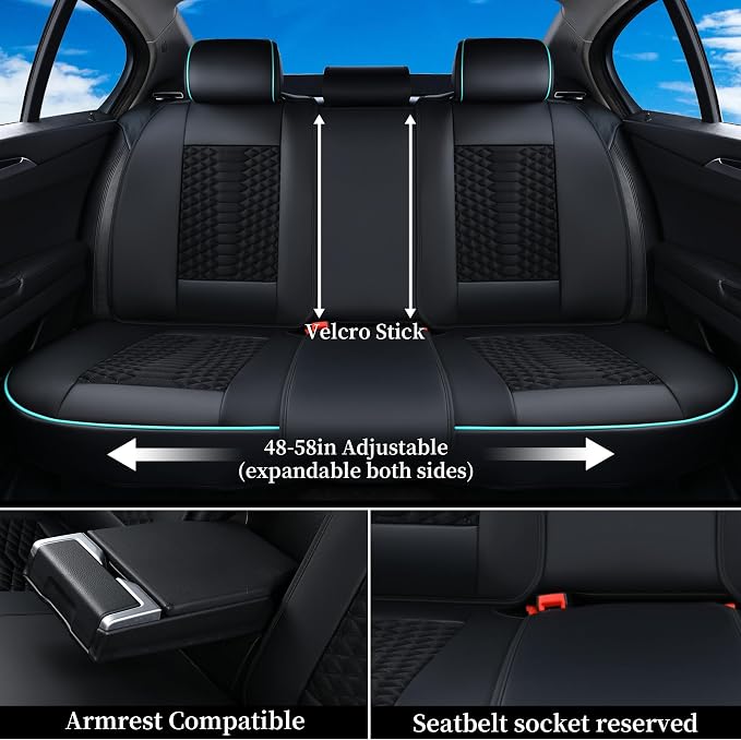 Coverado Car Seat Covers Full Set, 5 Seats Universal Seat Covers for Cars, Breathable Fabric Faux Leather Auto Seat Cushions, Front and Rear Seat Protectors Fit for Most Cars, Black& Blueline