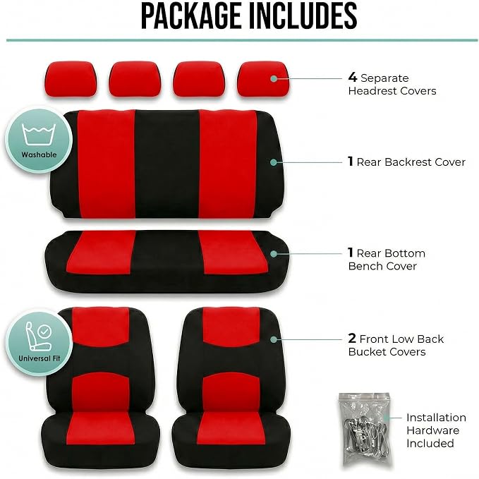 FH Group Car Seat Covers Full Set Cloth - Universal Fit Automotive Seat Covers, Low Back Front Seat Covers, Solid Back Seat Cover, Washable Car Seat Cover for SUV, Sedan and Van Red