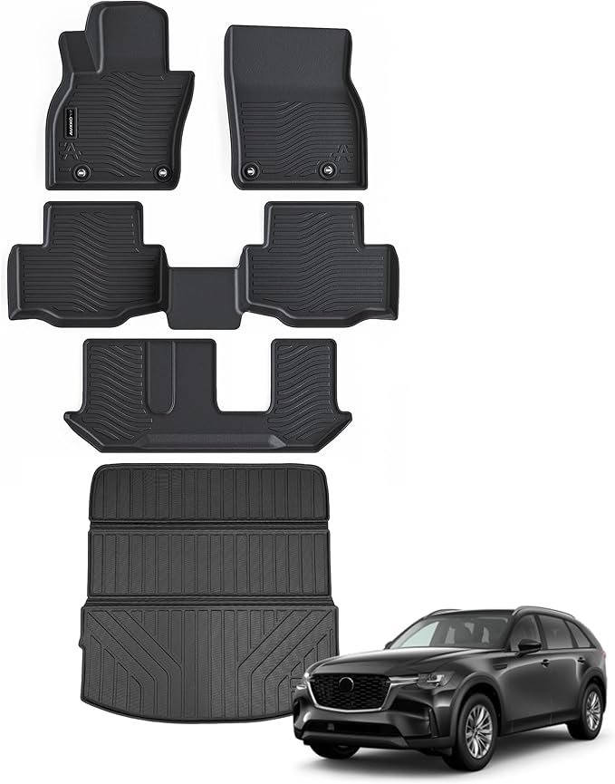 Auxko All Weather Floor Mats Cargo Mat Back Seat Mat Fit for Mazda CX90 8 Seat 2026 2025 2024 TPE Floor Liner Trunk Mat CX90 Accessories All Season Odorless Anti-Slip Black