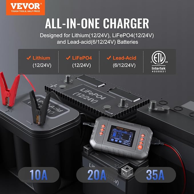 VEVOR Smart Battery Charger, 35-Amp, Lithium LiFePO4 Lead-Acid (AGM/Gel/SLA) Car Battery Charger with LCD Display, Trickle Charger Maintainer Desulfator for Boat Motorcycle Lawn Mower Deep Cycle
