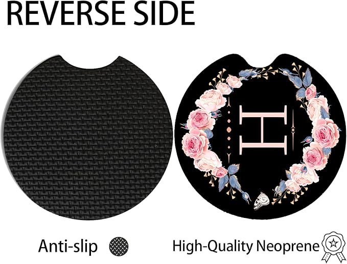 2pcs Letter H Car Coasters,Absorbent Universal neoprener Cup Holder Coasters with a Finger Notch,Car Accessories for Women&Man Interior，2.75"