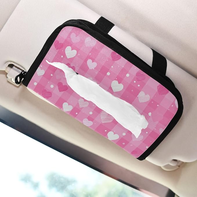 Car Visor Tissue Holder Mask Holder for Car, Car Tissue Box Sun Visor Napkin Holder Car Visor Accessories Adjustable Straps Reusable Durable Easy to Install Pink White Plaid Checkered Hearts