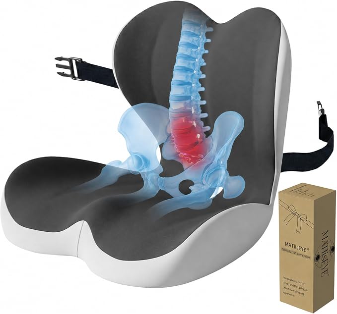Ergonomic Memory Foam Seat Cushion with Strap for Office Chair, Double Grey | Contoured coccyx cutout supports back and butt, with a non-slip base and washable cover for office chairs and cars.