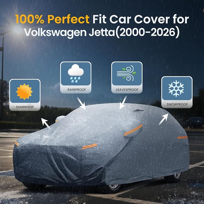 Waterproof Volkswagen Jetta(2005-2026) Car Cover with Breathable Vents, [Upgrade] Premium Covers with Cotton Liner and Zipper Door,Sun Rain Snow Dust Uv Protection.(Gift with Towel)