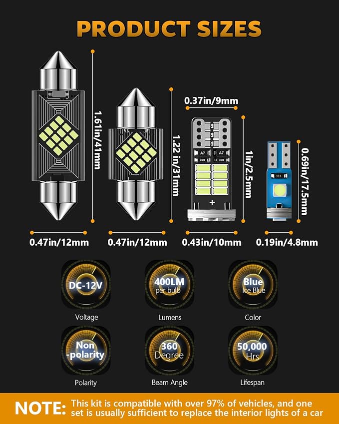 Zakolak 24PCS LED Interior Car Lights, Extremely Bright LED Bulb Kit, Applicable to Dome Map Door Lights and Other Parts Replacement for Your Cars, to Help You See Inside The Car at Night（Ice Blue）