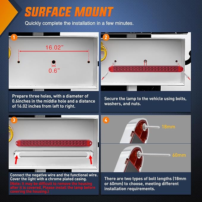 Nilight LED Tail Light 2PCS 17" 40LED Red Running Tail Stop Brake Lights | W/ Chrome Bezel Waterproof Surface Mount For 12V Towing Trailer Truck RV Camper Boat Identification