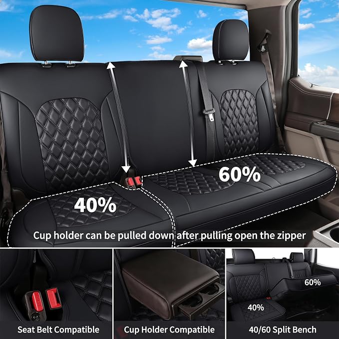 Huidasource F150 F250 F350 Rear Car Seat Covers, Leather Back Row Seat Cushion Cover Fit for 2015-2026 Ford F150 SuperCrew&2017-2026 F250 F350 F450 Super Duty Crew Cab XL XLT Lariat(Back Row/Black)